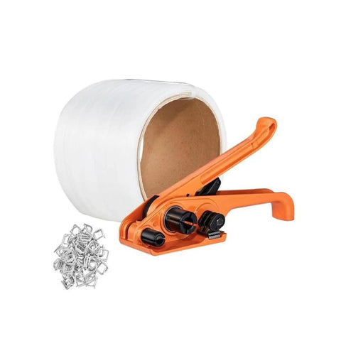 Heavy Duty Manual Strapping Machine Kit For PP Tape Packing Pliers With 100 Metal Seals, includes tape roll and tensioner tool.