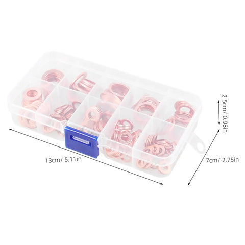 Copper Crush Sealing Washers Assortment Kit With Beefy Bolts For Car Oil Drain Plugs And Plumbing Fittings in storage box.