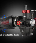 Side view of 48mm Cone Air Filter for Dirt Bikes and ATVs Universal Fit, attached to PWK carburetor, showing airflow direction.