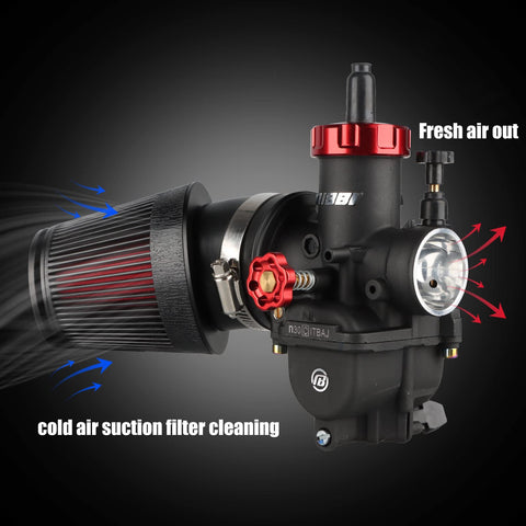 Side view of 48mm Cone Air Filter for Dirt Bikes and ATVs Universal Fit, attached to PWK carburetor, showing airflow direction.