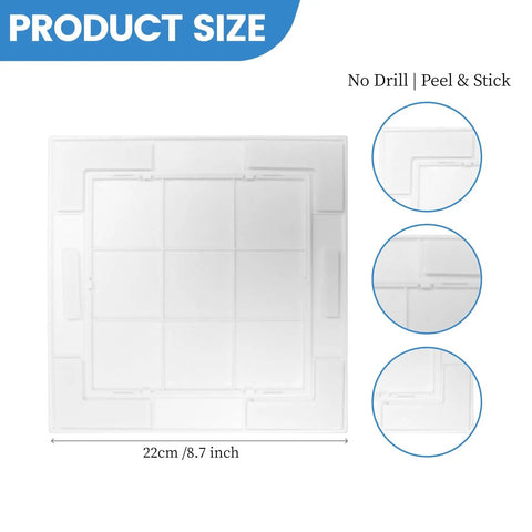 White Self Adhesive Drywall Access Panel For Plumbing And Electrical Tool Free Peel And Stick Wall Cover Plate 8.6 X 8.6 Inch product size with no drill installation.