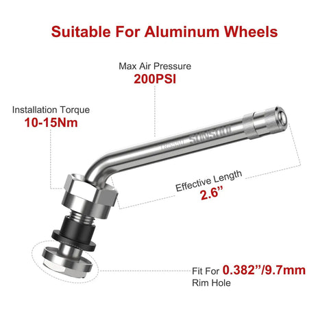 Heavy Duty 60 Degree Bend Truck Tire Valve Stems Pack Of 10 For 22.5 Inch And 24.5 Inch Aluminum Wheels With 9.7mm Valve Holes 200 PSI Max Nickel Plated Brass Stem Nut Cap EPDM Gasket 100 Percent Leak Tested, with 2.6 inch length and installation torque 10-15Nm