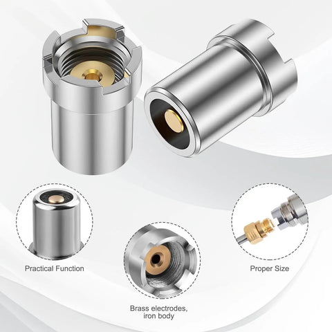 4 Pack 510 Thread Magnetic Adapter Kit Universal Threaded Screw Converter For Soldering Irons And Circuit Board Repair Tools Durable Metal Connector Adapters showing close-up details of stainless steel and brass components.