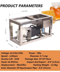 Heavy Duty High Viscosity Fluid Transfer Pump With Adjustable Speed Motor For Moving Honey Syrup Sauce And Thick Condiments Using 300cm Hose At 8kg Per Minute For Big Commercial Kitchens And Food Service Jobs, stainless steel construction and motor details.