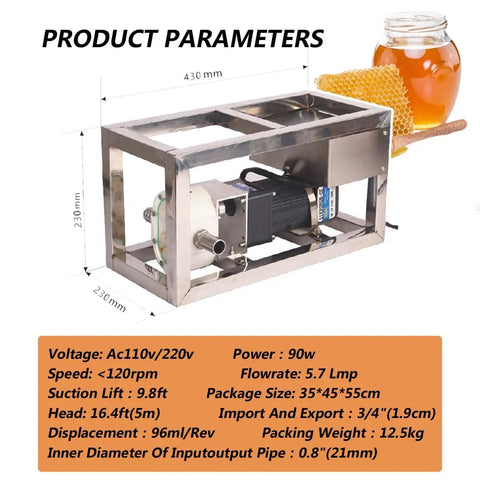 Heavy Duty High Viscosity Fluid Transfer Pump With Adjustable Speed Motor For Moving Honey Syrup Sauce And Thick Condiments Using 300cm Hose At 8kg Per Minute For Big Commercial Kitchens And Food Service Jobs, stainless steel construction and motor details.