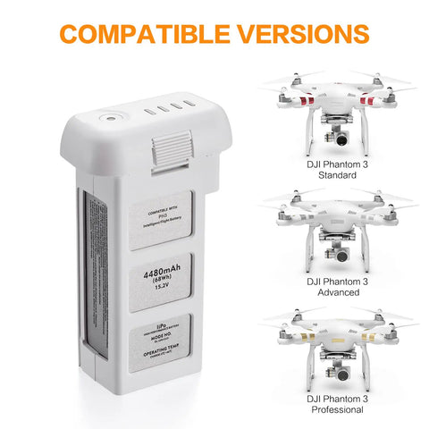 Phantom 3 Replacement Intelligent Flight Battery Two Pack 15.2V 4480mAh 68Wh with compatible DJI Phantom 3 models