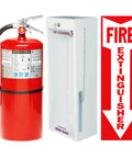 Heavy Duty Twenty Lb Class Abrc Dry Chemical Fire Extinguisher With Tough As Nails Powder Coated Steel Cabinet Plus No Nonsense Pull Aim Squeeze Sweep Sign For Business Ready Use, red extinguisher with metal cabinet.