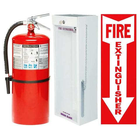 Heavy Duty Twenty Lb Class Abrc Dry Chemical Fire Extinguisher With Tough As Nails Powder Coated Steel Cabinet Plus No Nonsense Pull Aim Squeeze Sweep Sign For Business Ready Use, red extinguisher with metal cabinet.