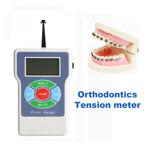 Solid Portable Digital Force Gauge Featuring Dead Simple One Hand Operation And Crisp LCD Readouts For Reliable Dental Tension Testing with orthodontic model