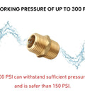 Half Inch NPT Brass Hex Nipple Male To Male Pipe Adapter 0.75 Inch OD with 300 PSI pressure rating in front of water splash