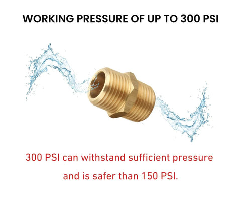 Half Inch NPT Brass Hex Nipple Male To Male Pipe Adapter 0.75 Inch OD with 300 PSI pressure rating in front of water splash