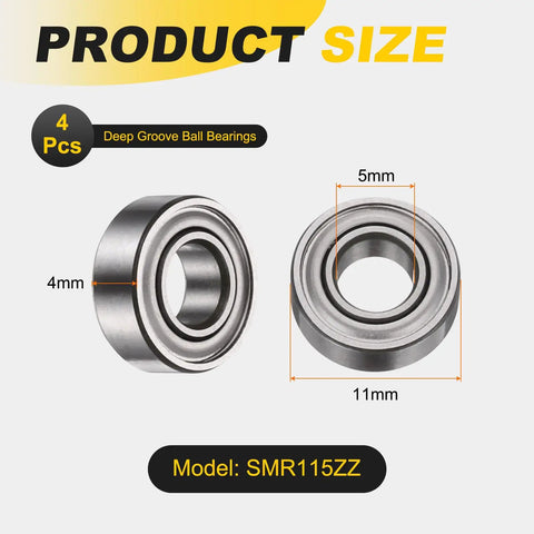 SMR115ZZ Deep Groove Ball Bearings 5x11x4mm shown in side and front view; 440C Stainless Steel, ABEC 5, double shielded for small motors