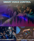 Colorful RGB Car Interior LED Strip Light Kit With 16 Million Colors 5 In 1 Fiber Optic 236 Inches Sound Active Ambient Lighting With Wireless Bluetooth App Control For Your Ride shown with smart voice control and various ambient lighting scenes.