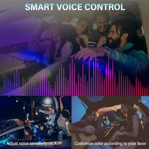 Colorful RGB Car Interior LED Strip Light Kit With 16 Million Colors 5 In 1 Fiber Optic 236 Inches Sound Active Ambient Lighting With Wireless Bluetooth App Control For Your Ride shown with smart voice control and various ambient lighting scenes.