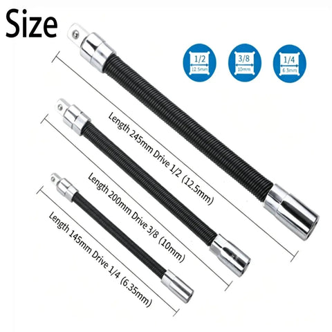 Flexible Shaft Extension For Impact Tools 360 Degree Bend To Reach Tight Auto Repair Spaces Half Inch Drive With Three Eighths Inch And One Quarter Inch End Sockets Hand Drill And Ratchet Accessory For Narrow Gaps sizes