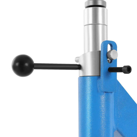 Close-up of blue metal structure with handle on Planishing Hammer 4 Inch Pneumatic Metal Shaping Machine With 875-1350 RPM.