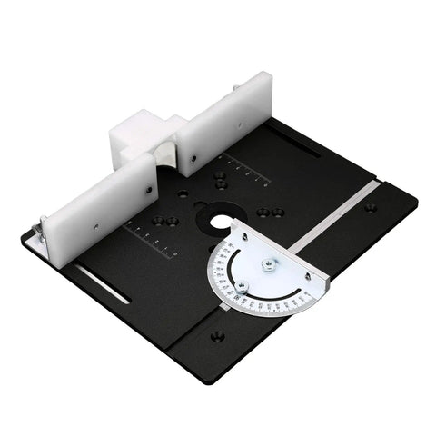 Premium Aluminum Router Table Insert Base Plate For Precision Woodworking Projects With Dead Easy Mounting Hardware And Top Shelf Metal Router System Kit In Matte Black showing top view with adjustable features.