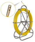 Fiberglass Fish Tape Reel For Flexible Wire And Cable Run Through Walls Ideal For Electrical Installations Heavy Duty Fishtape Puller 6mm Rodder With Superior Bend Radius And Pull Strength in yellow coiled on metal stand