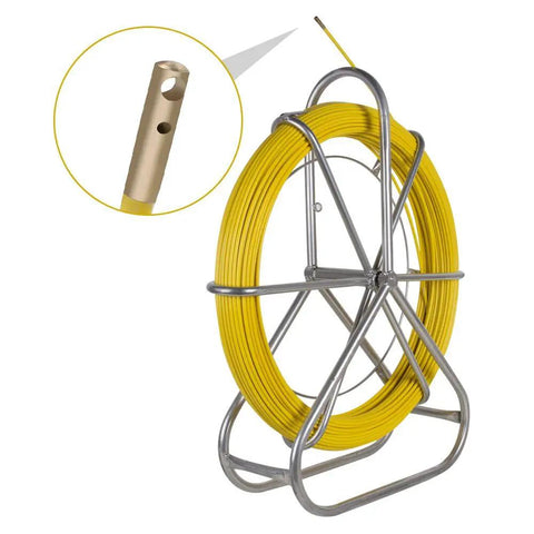 Fiberglass Fish Tape Reel For Flexible Wire And Cable Run Through Walls Ideal For Electrical Installations Heavy Duty Fishtape Puller 6mm Rodder With Superior Bend Radius And Pull Strength in yellow coiled on metal stand