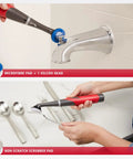 Kick Serious Grime With This Cordless Power Scrubber Kit. Close-up of microfibre pad on faucet and non-scratch pad for utensils.