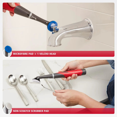 Kick Serious Grime With This Cordless Power Scrubber Kit. Close-up of microfibre pad on faucet and non-scratch pad for utensils.