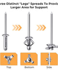 All In One 1200Pcs Pop Rivets And Trifold Rivets Kit With Washers For Auto DIY And Metalwork - 14 Standard Rivet Sizes Plus 1 Trifold Size Includes Washers For Strong Secure Fastening., tri-fold rivet legs spread for larger support, top bottom side views