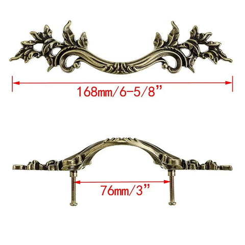 Five Pack European Style Vintage Cabinet Handles And Drawer Pulls In Antique Bronze For Cupboard And Dresser Retro Vibes With Easy Install Screws Included Perfect For Cabinets Drawers Chests And Furniture Makeover, showing dimensions.