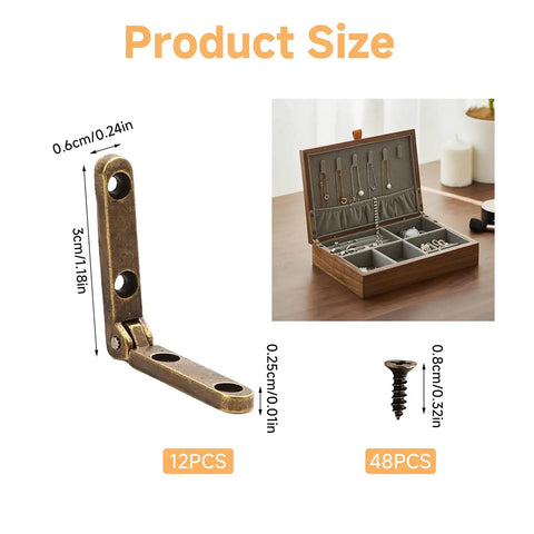 12 Pack Tiny Bronze Hinges For Small Wooden Jewelry Boxes With Screws 90 Degree Stop Lid Support, shown with screw and open box.
