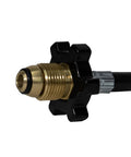 Close-up of brass fitting on five foot propane hose assembly for disposable cylinders to 20 pound tank, 9000 BTU, hand tighten swivel end.