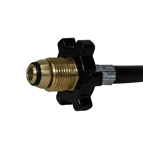 Close-up of brass fitting on five foot propane hose assembly for disposable cylinders to 20 pound tank, 9000 BTU, hand tighten swivel end.
