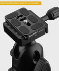 Arca Swiss Compatible 50mm Screw Knob Clamp Adapter for Quick Release Plates Fits Camera Tripod Ball Heads and Monopods Captive Knob With Safety Stop Grooves M6 Mount and Three Eighths Inch Threaded Hole for Versatile Rig, black aluminum clamp on ball head