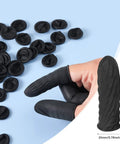 Disposable Latex Finger Cots Black Fingertip Protectors, 400 Pcs, 2.4 x 0.8 Inch shown on fingers with product dimensions.