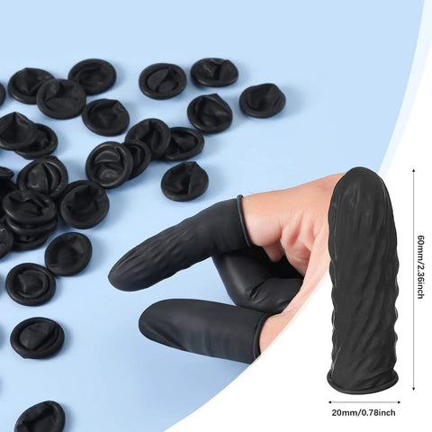 Disposable Latex Finger Cots Black Fingertip Protectors, 400 Pcs, 2.4 x 0.8 Inch shown on fingers with product dimensions.