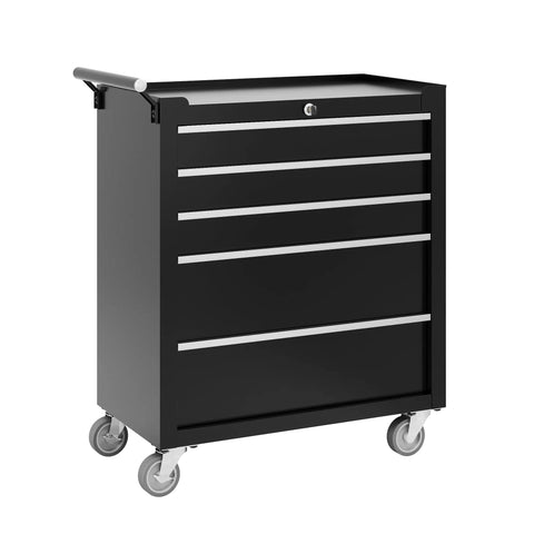 Rolling 5-Drawer Tool Chest With Locking System On Wheels, Portable Tool Cabinet Organizer With Drawer Liners, Heavy-Duty Steel Cart For Garage And Workshop, Black Finish