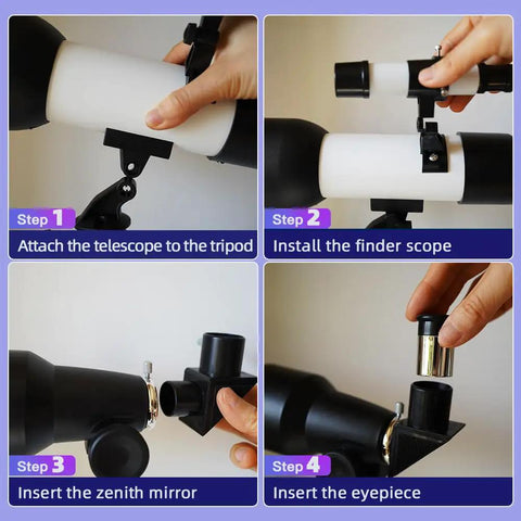 Assembly steps for Totally Kid Friendly 60mm Telescope With 18x To 90x Magnification, showing tripod, finder scope, mirror, and eyepiece.