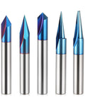 Five Piece CNC Router Bit Set 1 Quarter Inch Shank With 15 Degree Detail Liner, 20 Degree Profile Bit, And 30 Degree, 60 Degree, 90 Degree V Groove Bits, Two Inch Length End Mills For Woodworking, DIY Buddies And Pros