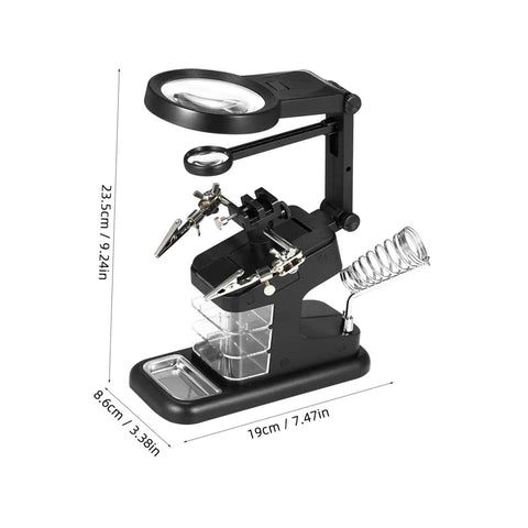 Rechargeable LED Work Light With Magnifier And Stand And Secure Clamp For Mechanics Soldering And Electronics Repair, dimensions visible