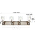 Four Light Vanity Light In Brushed Nickel With Clear Glass Shades, E26 Base Industrial Wall Lamp dimensions shown