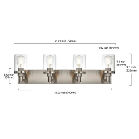 Four Light Vanity Light In Brushed Nickel With Clear Glass Shades, E26 Base Industrial Wall Lamp dimensions shown