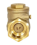 Front view of a brass swing check valve, 1 inch IPS backflow preventer for home plumbing systems, durable water line fitting
