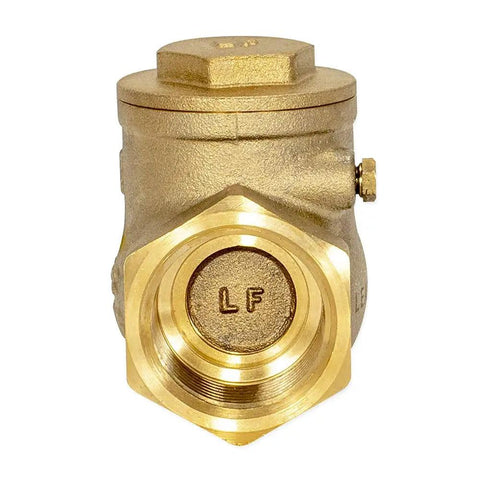 Front view of a brass swing check valve, 1 inch IPS backflow preventer for home plumbing systems, durable water line fitting
