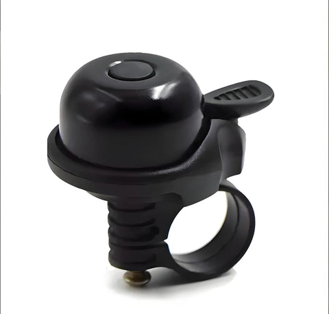 Black aluminum bicycle bell from the Eight Piece Bike Front And Rear Reflector Kit with mounting bracket visible.