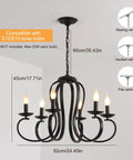 Six Light Black Candle Style Chandelier For Farmhouse And Dining Room Vintage French Country Metal Pendant Light With Adjustable 25.5 Inch Chain Ideal For Kitchen Island And Foyer Dimmable E12 Bulbs Not Included, dimensions and ceiling compatibility