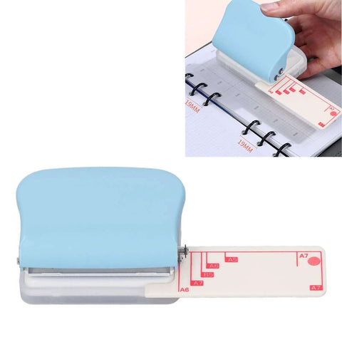 Three Hole Paper Punch Handheld Office And School Multi Size Puncher for A4 B5 A5 A6 A7 shown with alignment guide and blue cover