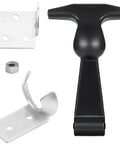Front view of Mudder hood latch kit: black T-handle latch with metal brackets, bolt, nut, and mounting plate (4 pcs).