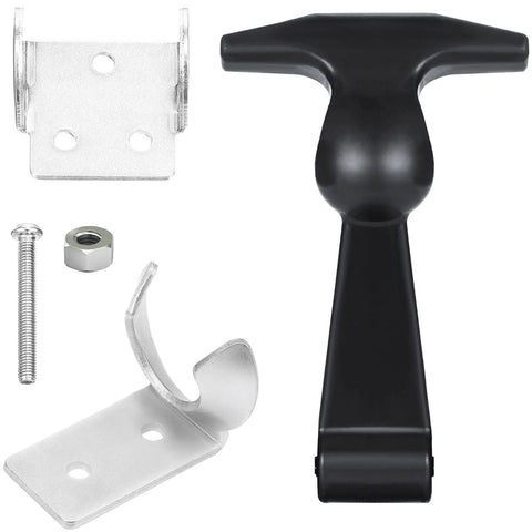 Front view of Mudder hood latch kit: black T-handle latch with metal brackets, bolt, nut, and mounting plate (4 pcs).