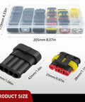 180 Piece 4 Pin Waterproof Electrical Connector Kit with dimensions, including male and female terminals for cars, trucks, motorcycles, boats.