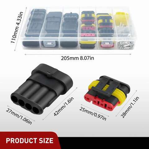 180 Piece 4 Pin Waterproof Electrical Connector Kit with dimensions, including male and female terminals for cars, trucks, motorcycles, boats.