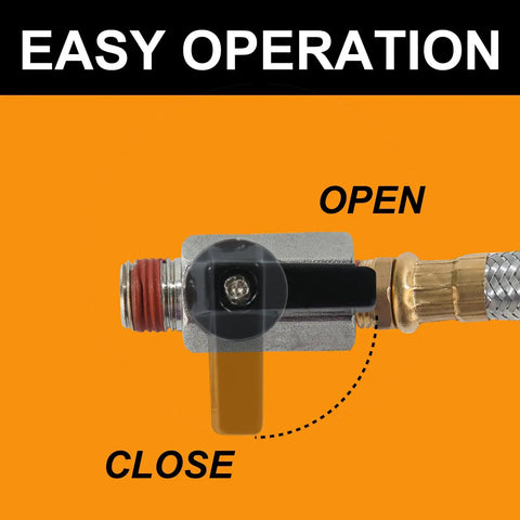 Close-up of Extended Tank Drain Valve Kit for Air Compressors with easy operation indicator on brass adapter and 10-inch braided hose.