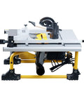 Heavy Duty 8 Inch Sliding Table Saw With 80 Tooth Blade And Beefy Rugged 1500W Motor mounted on a sturdy metal frame, side view.